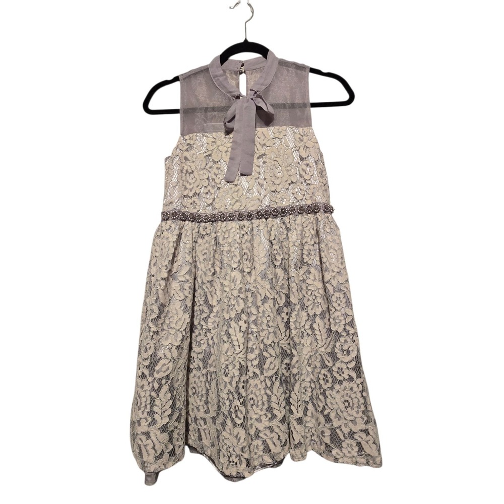 Bonnie Jean Sleeveless Lace Dress Girls Size 12‎ Beaded Lined Gray Silver Party